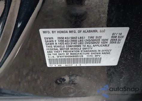2019 Honda Pilot Elite from USA, damaged, VIN 5FNYF6H09KB005128